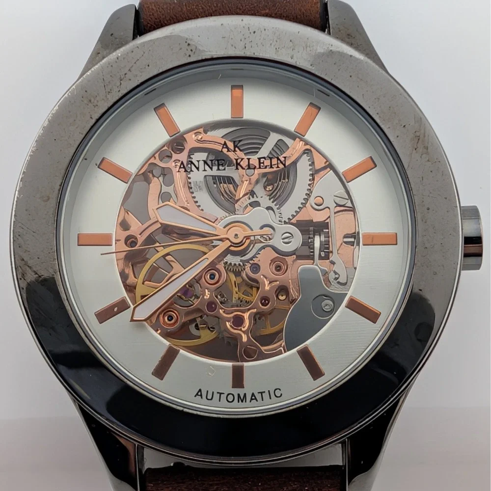 Anne Klein Automatic Skeleton Watch Rose Gold Tone Brown Leather 40mm TY2807RG